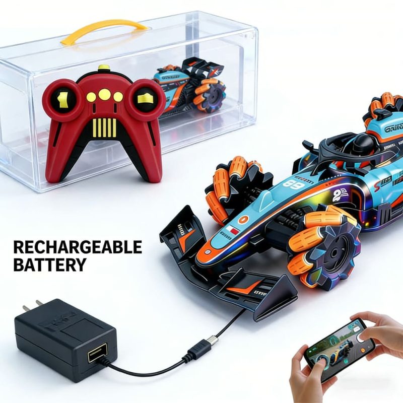 1_14 F1 360-degree rotating drift remote control car, app-controlled stunt spray racing car model for children, includes charger.(39)