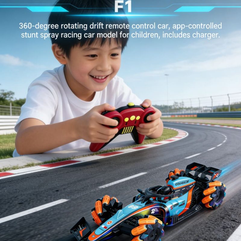 1_14 F1 360-degree rotating drift remote control car, app-controlled stunt spray racing car model for children, includes charger.(40)