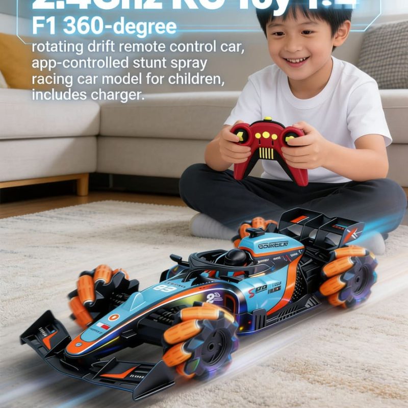 1_14 F1 360-degree rotating drift remote control car, app-controlled stunt spray racing car model for children, includes charger.(41)